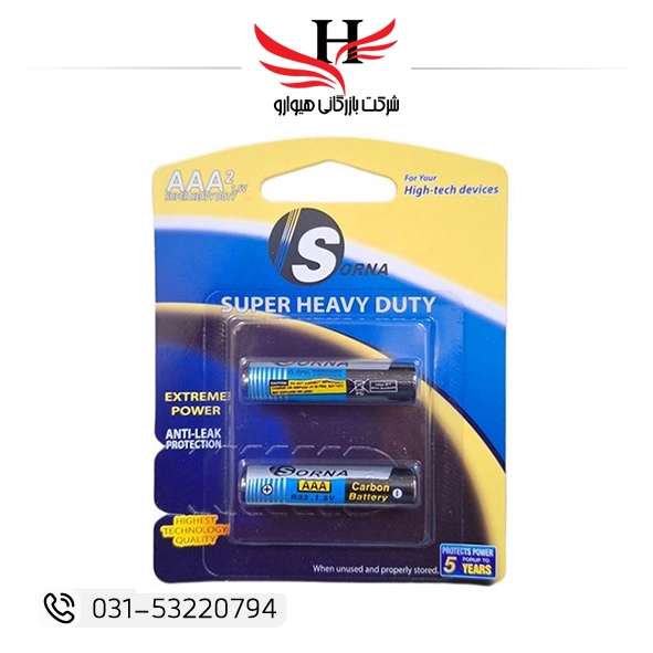 باتری نیم قلم معمولی سورنا SORNA سایز AAA با ولتاژ 1.5 ولت مناسب ریموت کنترل، ساعت دیواری، اسباب‌بازی و تجهیزات الکترونیکی | خرید و پخش عمده از هیوارو شهرضا، اصفهان و تهران